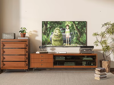 Wooden TV Stand With TV Showing Cartoon Scene And Potted Plant Near Dresser 3d model