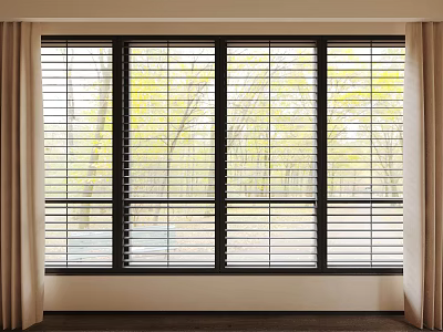 Floor to Ceiling Windows with Blinds and Curtains Showing Green Trees Outside 3d model