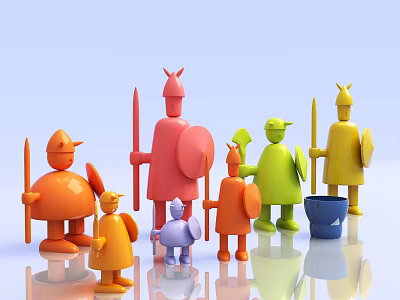 Colorful Knight Shaped Dolls In Multiple Colors Holding Swords Shields And Blue Bucket 3d model
