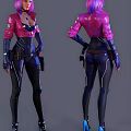 Stylish Game Character With Purple Hair Pink Leather Jacket Black Bodysuit Gloves And Utility Belt