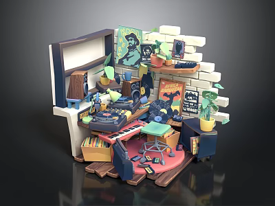 Colorful 3D Creative Room Interior With Keyboard Table Chair Poster And Plants 3d model