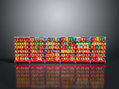 Modern Retail Shelf with Colorful Products and Red Multi tiered Frames 3d model