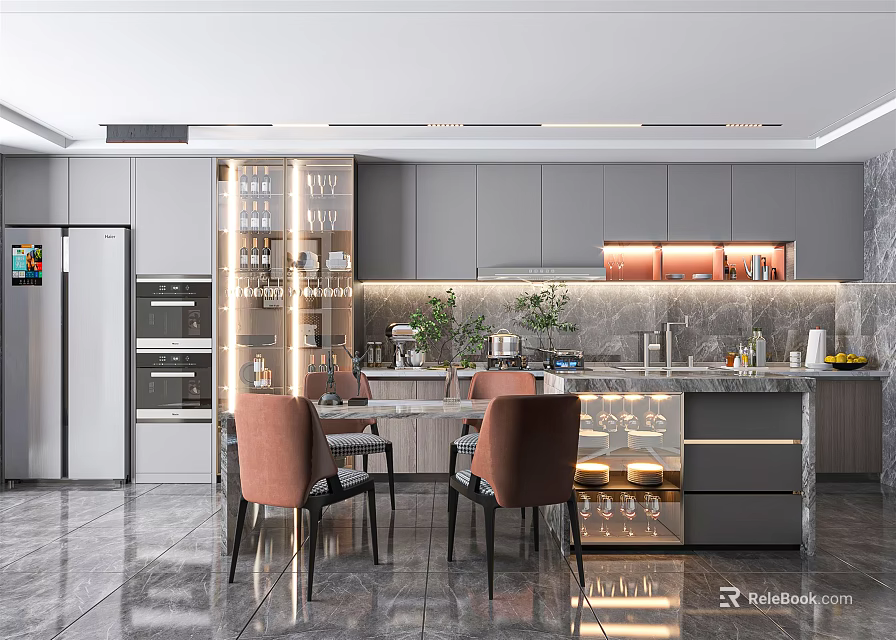 Elegant Modern Bar Area With Marble Countertop Brown Bar Stools Gray Cabinets And Wine Cabinet 3d model 