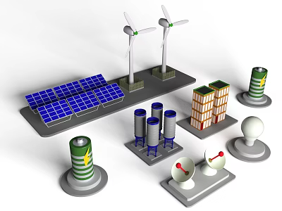 Renewable Energy Equipment Featuring Solar Panels Wind Turbines Batteries And Storage Systems 3d model