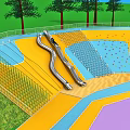 Fun Kids Playground With Spiral Slide Climbing Wall Green Grass And Trees Under Blue Sky