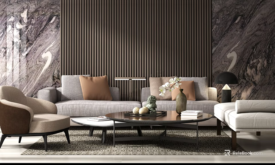 Modern Gray Sofa Coffee Table Combination With Brown Cushions Vase And Decorative Books 3d model 