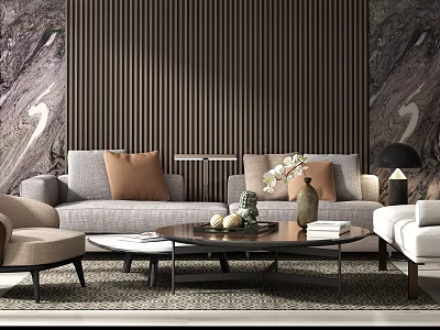 Modern Gray Sofa Coffee Table Combination With Brown Cushions Vase And Decorative Books 3d model