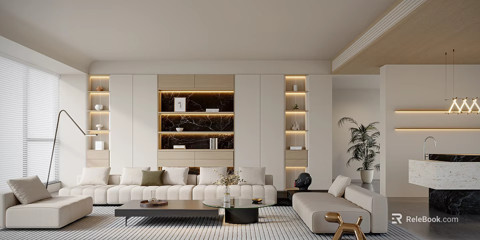 Elegant Modern Living Dining Room Interior With Sofa Coffee Table Bookshelf And Lighting 3d model 