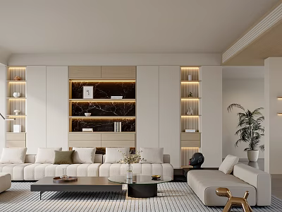 Elegant Modern Living Dining Room Interior With Sofa Coffee Table Bookshelf And Lighting 3d model