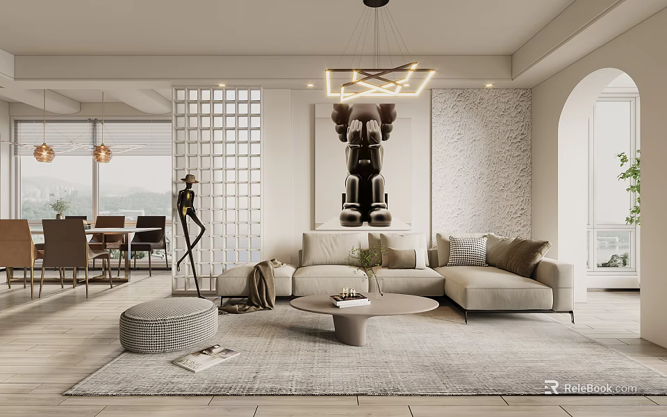 Modern Living Dining Room Interior With Sofa Coffee Table Dining Chairs Artwork And Pendant Light 3d model 
