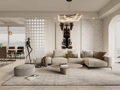 Modern Living Dining Room Interior With Sofa Coffee Table Dining Chairs Artwork And Pendant Light 3d model