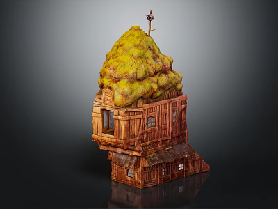 Unique Tilted Wooden Building With Yellow Mossy Roof Small Tower And Windows 3d model