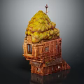 Unique Tilted Wooden Building With Yellow Mossy Roof Small Tower And Windows