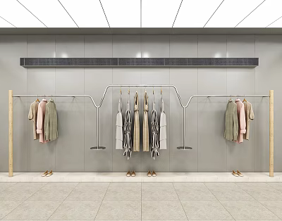 Stylish Clothing Store Interior With Apparel Racks Various Clothes Gray Walls And Ceiling Design 3d model