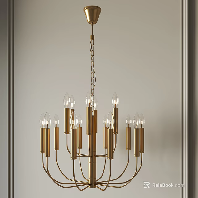 Modern Elegant Golden Chandelier with Multiple Arms and Clear Bulbs in Interior with Light-Colored Wall 3d model 