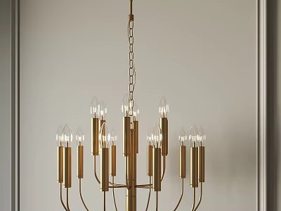 Modern Elegant Golden Chandelier with Multiple Arms and Clear Bulbs in Interior with Light-Colored Wall 3d model