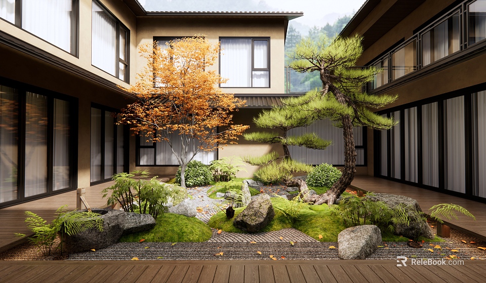 Japanese style Courtyard Garden With Orange leaved Tree Pine Tree Stones Moss And Wooden Deck 3d model 
