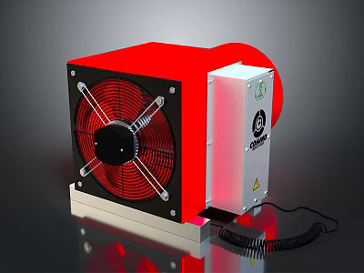 Red Cased Electronic Appliance With Black Fan Blades Power Cord And Safety Labels 3d model