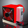 Red Cased Electronic Appliance With Black Fan Blades Power Cord And Safety Labels