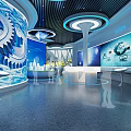 Modern Technology Exhibition Hall With Blue Gear Patterns Large Screens Display Stands And Ambient Lighting