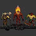 Armored Warrior Fire Elemental And Green Clawed Monster On Lava Platform With Flames