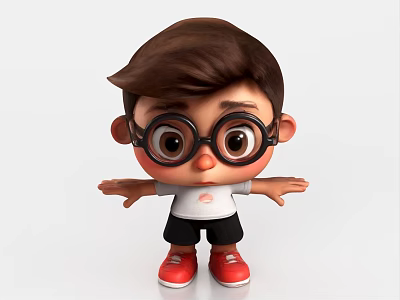 Cartoon Man With Brown Hair Big Glasses White T-Shirt Black Shorts Red Shoes Arms Outstretched 3d model