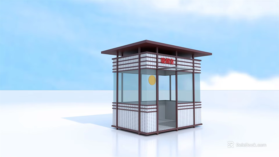 Modern Security Booth With Glass Windows Red Sign And Metal Frame Design 3d model 