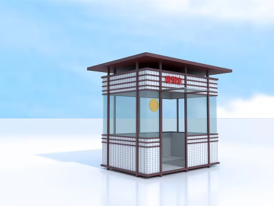 Modern Security Booth With Glass Windows Red Sign And Metal Frame Design 3d model