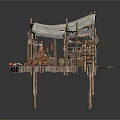 Medieval Market Stall Setup With Canvas Tents Wooden Poles Clay Pots Tools And Display Items