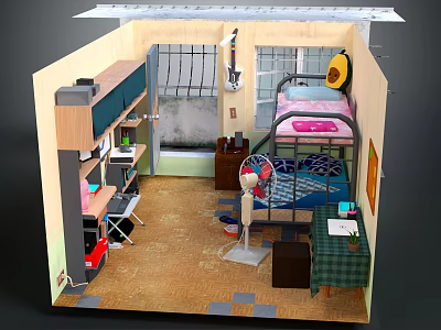 Cartoon Room Scene With Bunk Bed Desk Bookshelf Fan And Wooden Floor 3d model