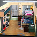 Cartoon Room Scene With Bunk Bed Desk Bookshelf Fan And Wooden Floor