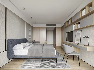 Modern Apartment Bedroom With Gray Bedding Geometric Rug Wooden Desk Wall Bookshelf And TV 3d model