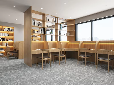 Book Art Inspired Library Interior With Wooden Bookshelves Reading Desks And Large Windows 3d model