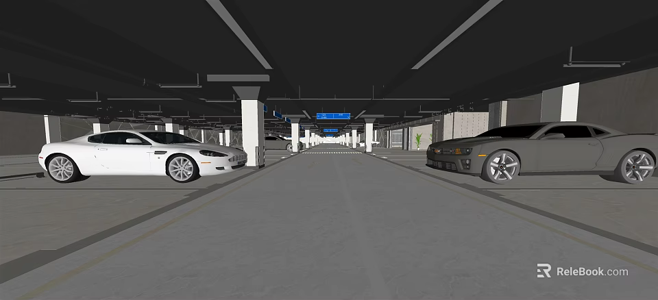 Indoor Parking Lot With White Gray Cars Lanes Columns And Directional Signs 3d model 