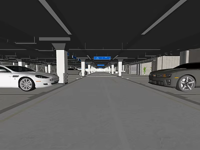 Indoor Parking Lot With White Gray Cars Lanes Columns And Directional Signs 3d model