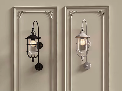 Classic Black and Silver Wall Lamps Mounted on Beige Wall With Ornate Frames Elegantly Lit 3d model