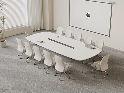 Modern White Conference Table With Surrounding Chairs And Whiteboard In Office Interior 3d model
