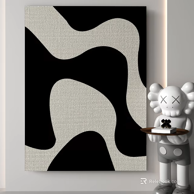 Kaws Art Sculpture With Tray Holding Small Objects By Black And White Wavy Pattern Wall 3d model