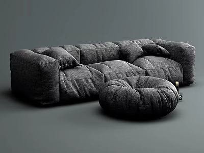 Gray Modular Sofa Set With Cushions And Round Pouf In Modern Style 3d model