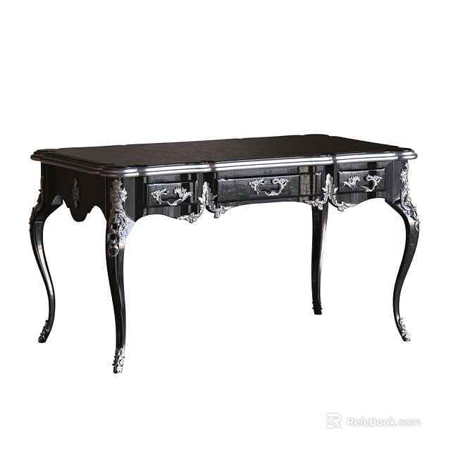 Antique Style Black Carved Desk with Drawers and Ornate Curved Legs 3d model 