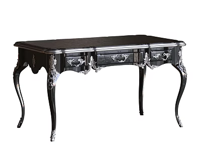 Antique Style Black Carved Desk with Drawers and Ornate Curved Legs 3d model