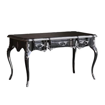 Antique Style Black Carved Desk with Drawers and Ornate Curved Legs 3d model