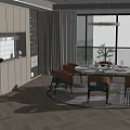 Modern Restaurant Interior With Round Dining Table Orange Blue Chairs Large Windows And Herringbone Flooring