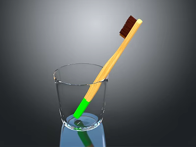 Children's Toothbrush With Yellow Handle Green Bottom Brown Bristles In Glass Cup 3d model
