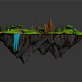 Cartoon Floating Island Scene With Green Grass Blue River Waterfall Brown Mountains And Winding Path