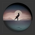 Black Cormorant Standing On Wooden Stump In Water Under Full Moon And Pink Sky
