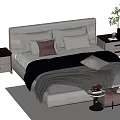 Stylish Double Bed with Grey Headboard Pillows Bedspread Nightstands and Ottoman on Patterned Rug 3d model