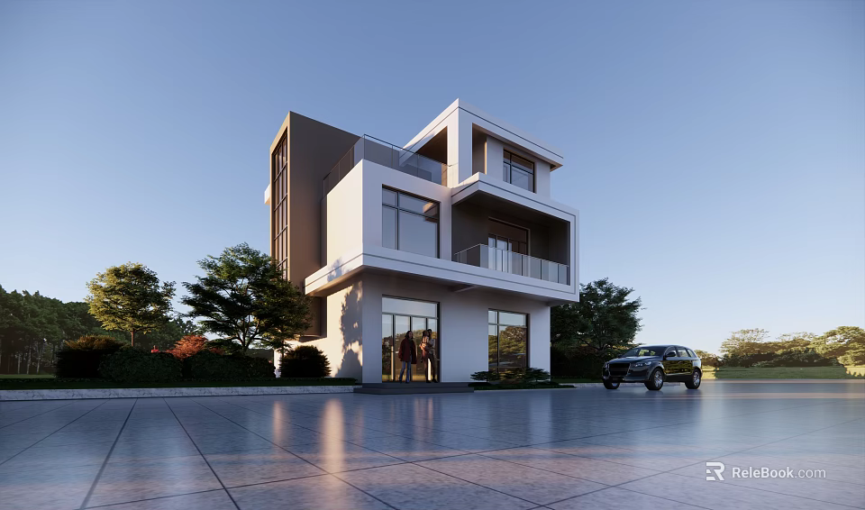 Modern Detached Villa Exterior Design With Large Windows Balcony Parked Car And Trees 3d model 