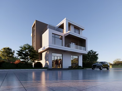 Modern Detached Villa Exterior Design With Large Windows Balcony Parked Car And Trees 3d model