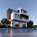 Modern Detached Villa Exterior Design With Large Windows Balcony Parked Car And Trees
